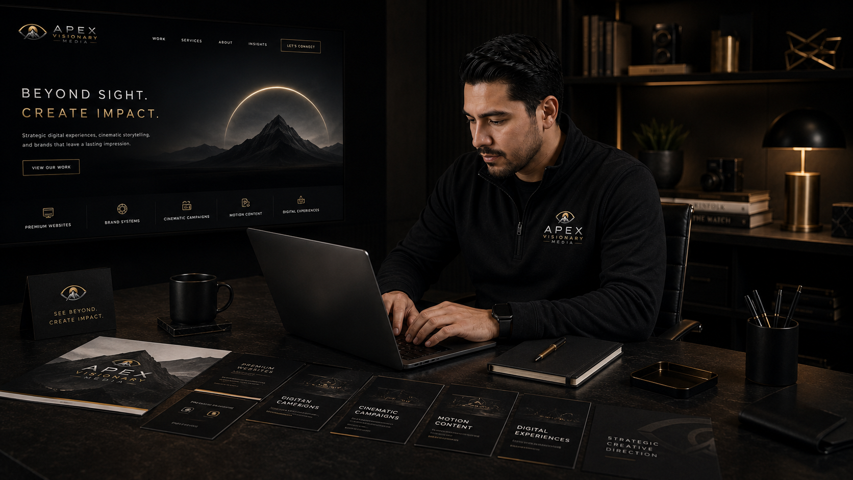 APEX strategist working at a laptop with branded service cards and launch materials