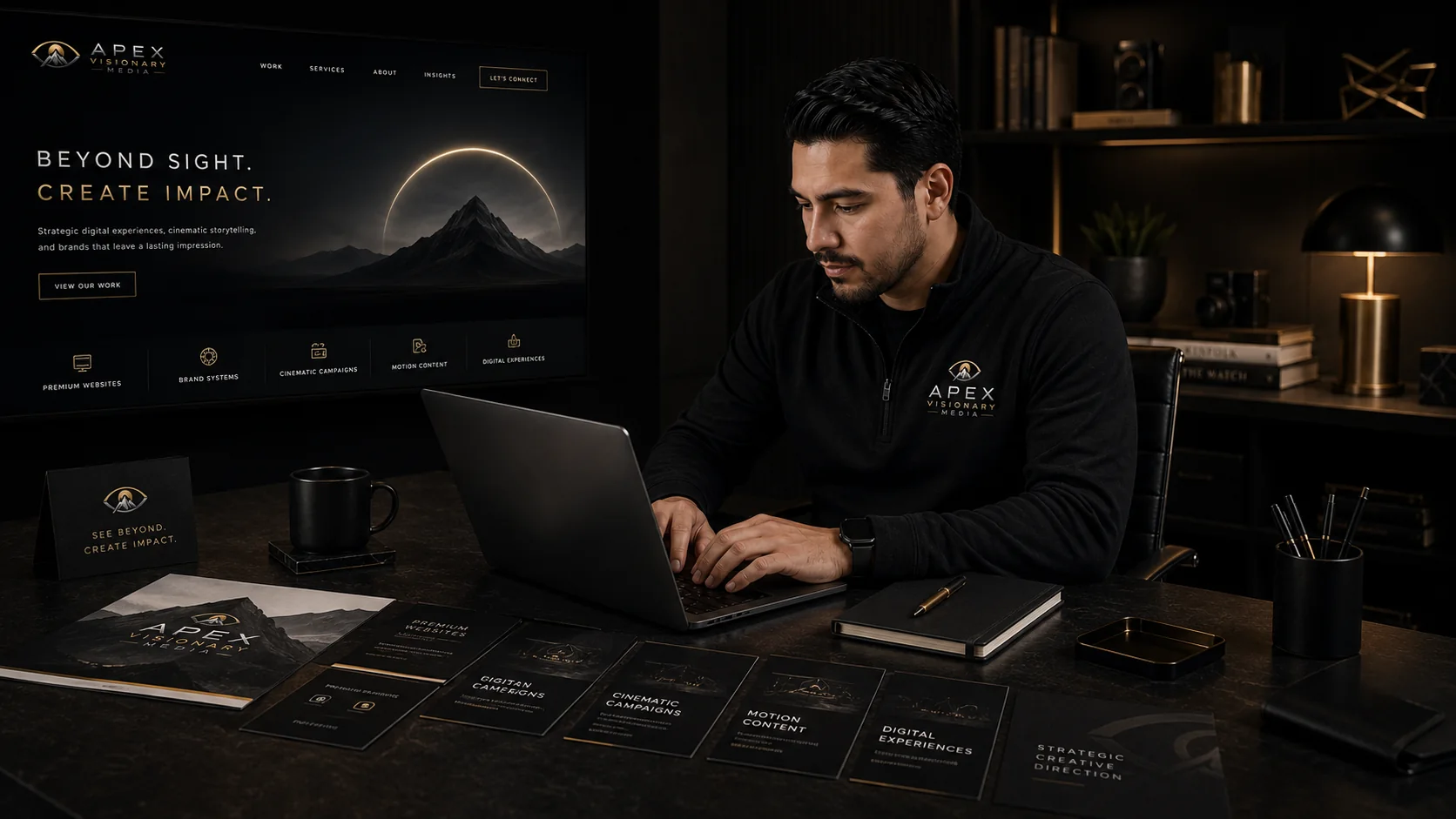 APEX strategist working at a laptop with branded service cards and launch materials