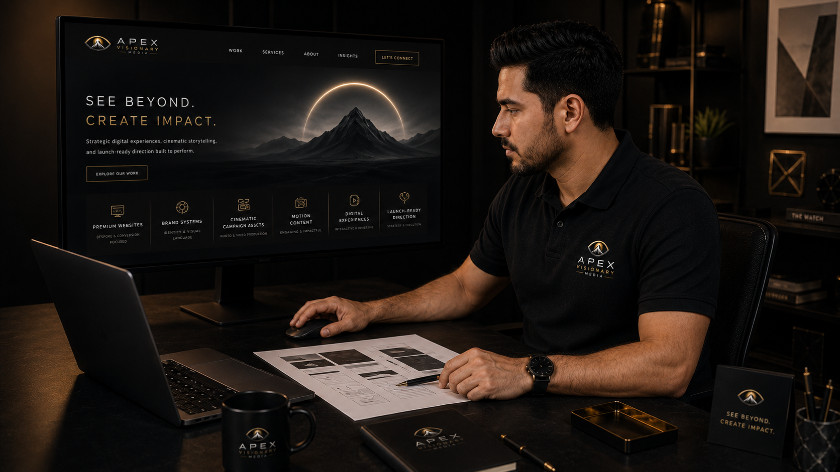 APEX designer in branded apparel reviewing a premium website system at a studio workstation