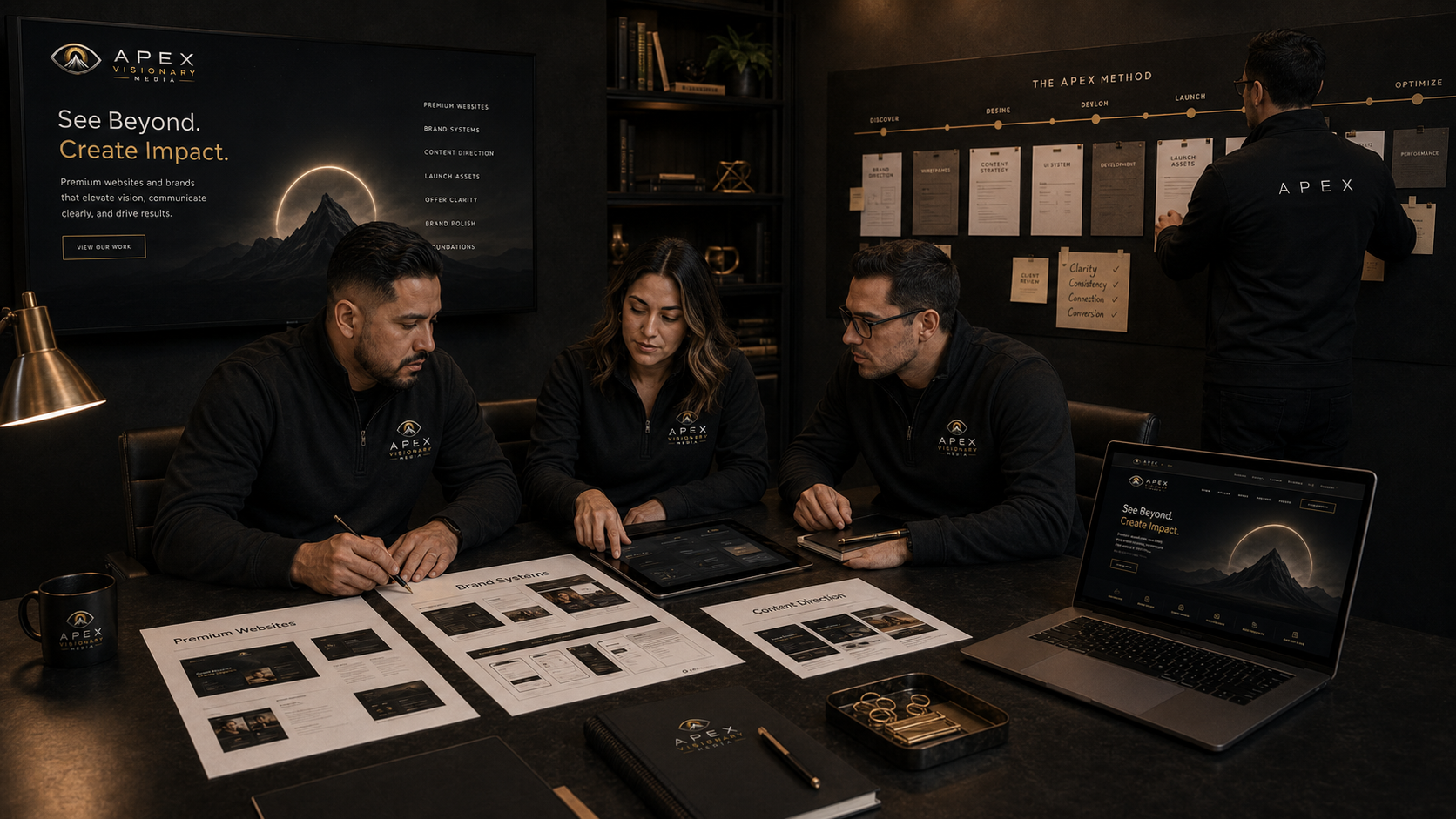 APEX team managing website and brand launch tasks around a studio process board