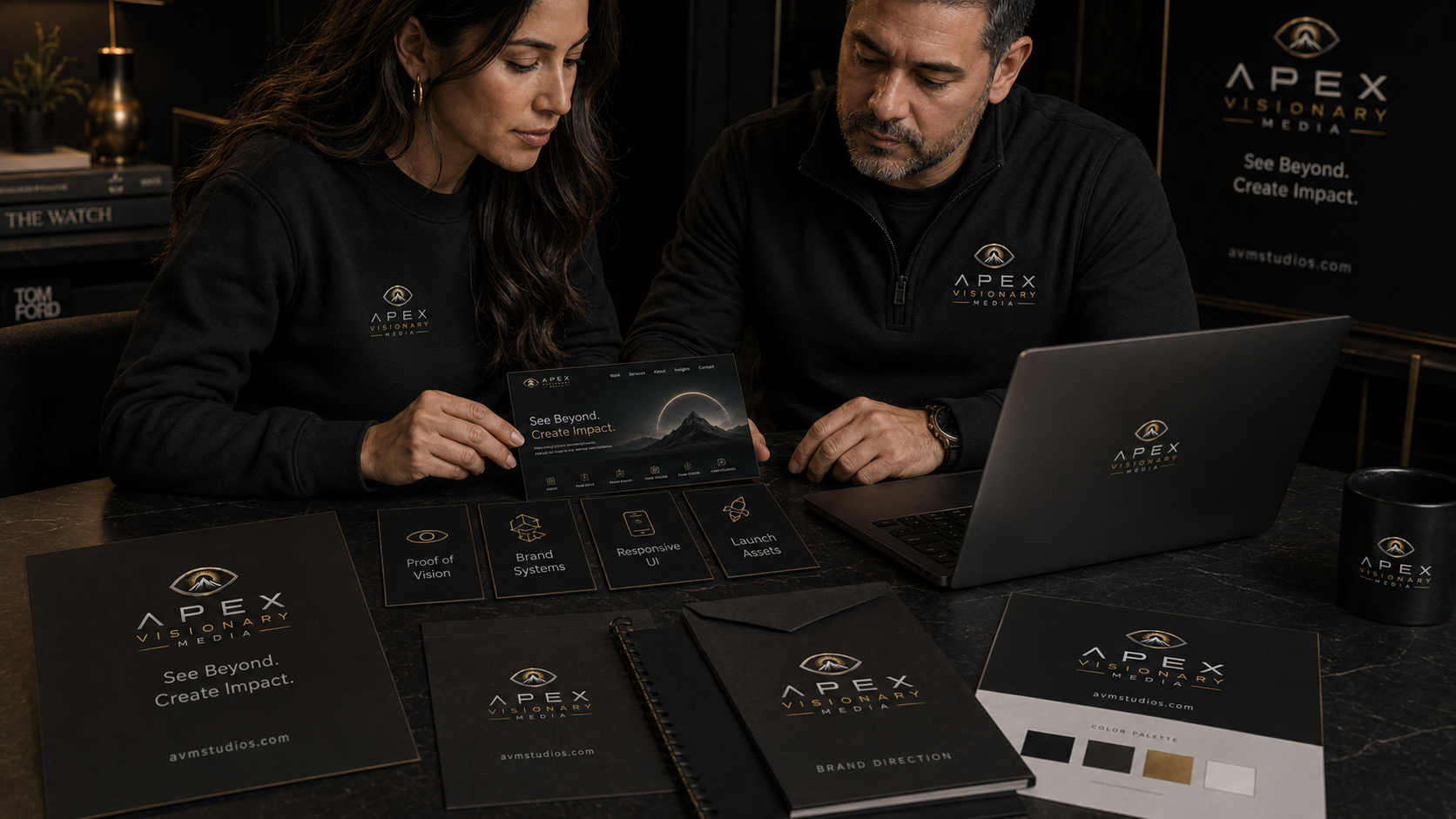APEX team reviewing brand systems and website direction materials in a premium studio