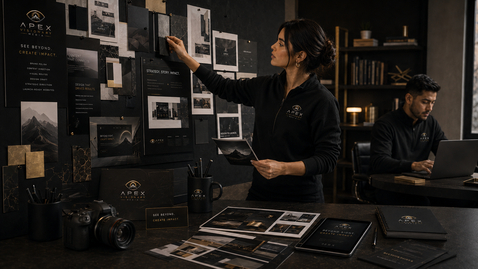 APEX designer building a visual direction moodboard with branded project materials