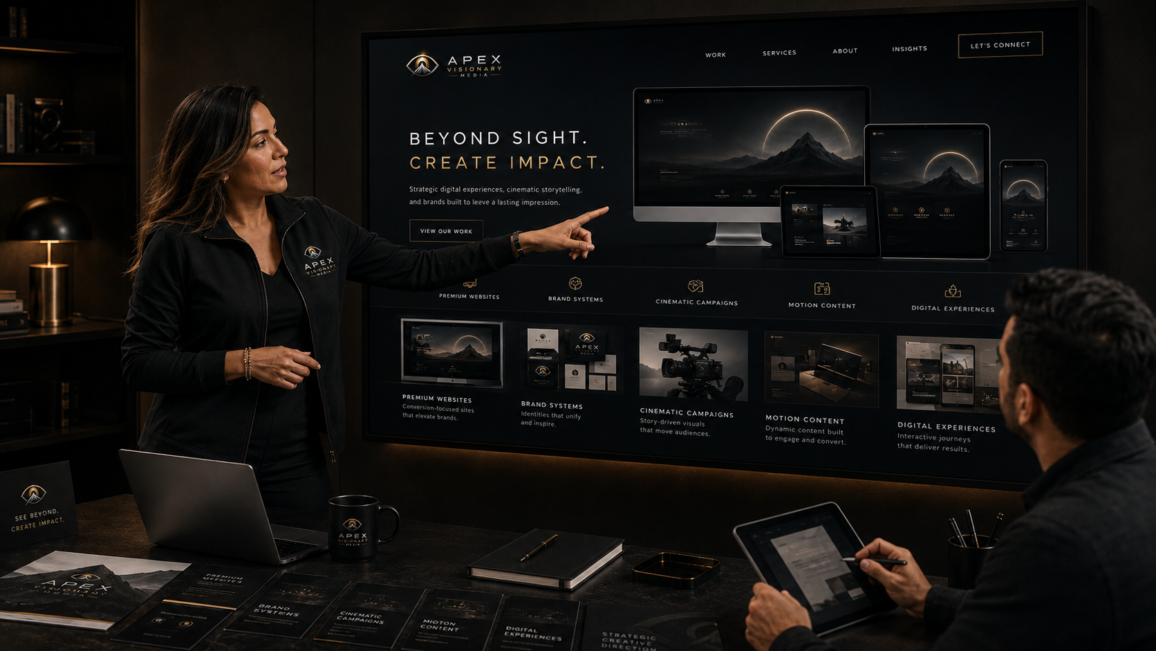 APEX creative lead presenting responsive website work on a large studio display