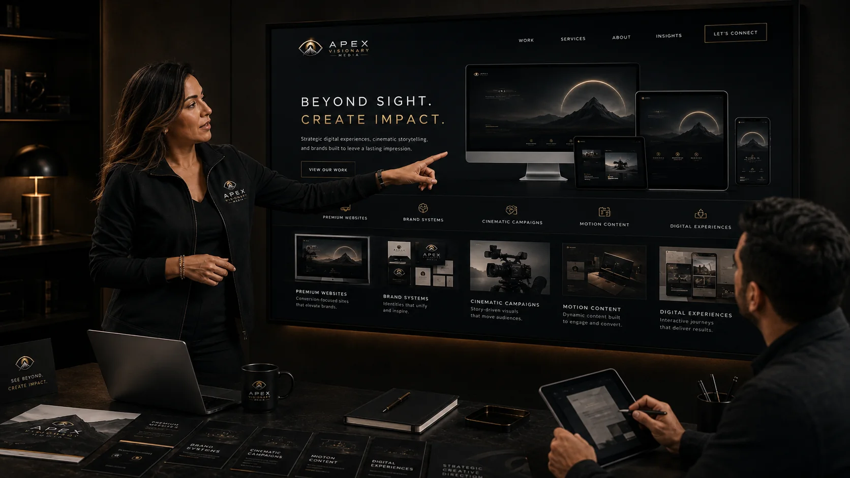 APEX creative lead presenting responsive website work on a large studio display